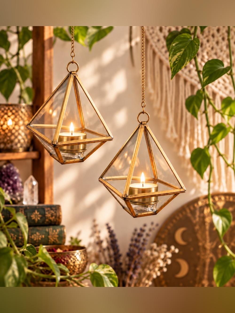 Pair Gold & Glass Geometric Hanging Terrariums • Boho Witchy Candle Plant Decor